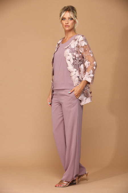 LA Merchandise LAV3426 3-Piece Mother of the Bride Pantsuit with Sheer Floral Jacket Elegant Evening Set