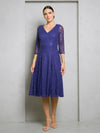 Load image into Gallery viewer, Wholesale Sequin Lace A-Line Tea-Length Dress with 3/4 Sleeves V-Neck Dress by LAV3497 - Royal - Mother of the Bride Dresses LAV