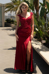 Load image into Gallery viewer, LAF8480 Wholesale Sequin Lace Sheath Evening Gown V-Neck Cap Sleeve Formal Dress with Slit - CHERRY WINE - Long Formal Dress LAF