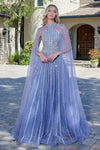 Load image into Gallery viewer, LAS3669 Wholesale Dusty Blue Beaded Sequin A-Line Prom Dress Sheer Cape Sleeve Halter Gown - DUSTY BLUE - Long Formal Dress LAS