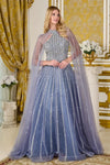Load image into Gallery viewer, LAS3669 Wholesale Dusty Blue Beaded Sequin A-Line Prom Dress Sheer Cape Sleeve Halter Gown - - Long Formal Dress LAS