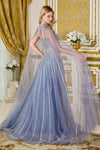 Load image into Gallery viewer, LAS3669 Wholesale Dusty Blue Beaded Sequin A-Line Prom Dress Sheer Cape Sleeve Halter Gown - - Long Formal Dress LAS