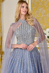Load image into Gallery viewer, LAS3669 Wholesale Dusty Blue Beaded Sequin A-Line Prom Dress Sheer Cape Sleeve Halter Gown - - Long Formal Dress LAS