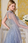 Load image into Gallery viewer, LAS3669 Wholesale Dusty Blue Beaded Sequin A-Line Prom Dress Sheer Cape Sleeve Halter Gown - - Long Formal Dress LAS