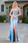 Load image into Gallery viewer, LAS3677 Wholesale Sleeveless Beaded Floral Sheer Bodice Corset Prom Gown with Satin Skirt and Slit - DUSTY BLUE - Long Prom Dress LAS