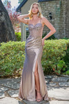 Load image into Gallery viewer, LAS3677 Wholesale Sleeveless Beaded Floral Sheer Bodice Corset Prom Gown with Satin Skirt and Slit - MOCHA - Long Prom Dress LAS