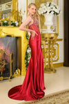 Load image into Gallery viewer, LAS3681 Wholesale Satin Formal Gown with Beaded Sheer Corset Bodice Lace-Up Back Leg Slit &amp; Train
