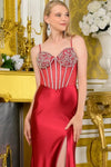 Load image into Gallery viewer, LAS3681 Wholesale Satin Formal Gown with Beaded Sheer Corset Bodice Lace-Up Back Leg Slit &amp; Train
