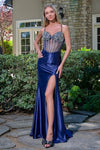 Load image into Gallery viewer, LAS3681 Wholesale Satin Formal Gown with Beaded Sheer Corset Bodice Lace-Up Back Leg Slit &amp; Train