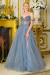 Load image into Gallery viewer, LAS3682 Wholesale Off-Shoulder Glitter Tulle Beaded Corset Bodice Gown with High Slit Prom Dress - DUSTY BLUE - Long Prom Dress LAS