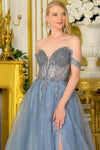 Load image into Gallery viewer, LAS3682 Wholesale Off-Shoulder Glitter Tulle Beaded Corset Bodice Gown with High Slit Prom Dress - - Long Prom Dress LAS
