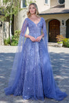 Load image into Gallery viewer, LAS3833 Wholesale Smoky Blue Beaded Gown with Sheer Cape Sleeves V-Neck Sequin Evening Dress - SMOKY BLUE - Mother of the Bride Dress LAS