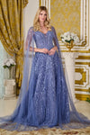 Load image into Gallery viewer, LAS3833 Wholesale Smoky Blue Beaded Gown with Sheer Cape Sleeves V-Neck Sequin Evening Dress - - Mother of the Bride Dress LAS