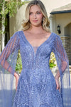 Load image into Gallery viewer, LAS3833 Wholesale Smoky Blue Beaded Gown with Sheer Cape Sleeves V-Neck Sequin Evening Dress - - Mother of the Bride Dress LAS