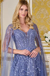 Load image into Gallery viewer, LAS3833 Wholesale Smoky Blue Beaded Gown with Sheer Cape Sleeves V-Neck Sequin Evening Dress - - Mother of the Bride Dress LAS
