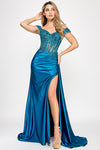 Cargar imagen en el visor de la galería, Wholesale Off-Shoulder Satin Corset Evening Gown Lace Appliqué and High Slit By LAF8360 - BLUE - Dress LAF