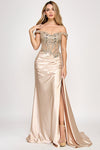 Cargar imagen en el visor de la galería, Wholesale Off-Shoulder Satin Corset Evening Gown Lace Appliqué and High Slit By LAF8360 - CHAMPAGNE - Dress LAF