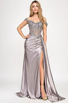 Cargar imagen en el visor de la galería, Wholesale Off-Shoulder Satin Corset Evening Gown Lace Appliqué and High Slit By LAF8360 - SILVER - Dress LAF
