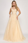 Cargar imagen en el visor de la galería, Wholesale Elegant Embroidered Tulle A-Line Evening Gown with Illusion Neckline By LAF8349 - CHAMPAGNE - Dress LAF