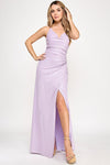 Cargar imagen en el visor de la galería, LA Merchandise LAF5328 Glitter Ruched Slit Gown with Spaghetti Straps - LILAC - Dress LAF