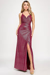 Cargar imagen en el visor de la galería, LA Merchandise LAF5328 Glitter Ruched Slit Gown with Spaghetti Straps - BURGUNDY - Dress LAF