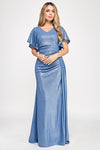 Cargar imagen en el visor de la galería, Metallic V-Neck Flutter Sleeve Evening Gown with Ruched Waist and High Slit Wholesale Formal Dress By LAF5329 - PERRY BLUE - Dress LAF