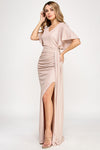Cargar imagen en el visor de la galería, Metallic V-Neck Flutter Sleeve Evening Gown with Ruched Waist and High Slit Wholesale Formal Dress By LAF5329 - - Dress LAF