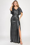 Cargar imagen en el visor de la galería, Metallic V-Neck Flutter Sleeve Evening Gown with Ruched Waist and High Slit Wholesale Formal Dress By LAF5329 - BLACK - Dress LAF