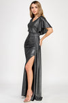 Cargar imagen en el visor de la galería, Metallic V-Neck Flutter Sleeve Evening Gown with Ruched Waist and High Slit Wholesale Formal Dress By LAF5329 - - Dress LAF