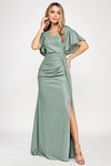 Cargar imagen en el visor de la galería, Metallic V-Neck Flutter Sleeve Evening Gown with Ruched Waist and High Slit Wholesale Formal Dress By LAF5329 - SAGE - Dress LAF