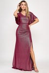 Cargar imagen en el visor de la galería, Metallic V-Neck Flutter Sleeve Evening Gown with Ruched Waist and High Slit Wholesale Formal Dress By LAF5329 - BURGUNDY - Dress LAF