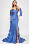 Cargar imagen en el visor de la galería, Wholesale Off-Shoulder Satin Mermaid Gown with Bow Tie Straps and Thigh-High Slit for Formal Events By LAF8358 - DENIM BLUE - Dress LAF