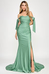 Cargar imagen en el visor de la galería, Wholesale Off-Shoulder Satin Mermaid Gown with Bow Tie Straps and Thigh-High Slit for Formal Events By LAF8358 - SAGE - Dress LAF