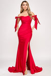 Cargar imagen en el visor de la galería, Wholesale Off-Shoulder Satin Mermaid Gown with Bow Tie Straps and Thigh-High Slit for Formal Events By LAF8358 - RED - Dress LAF