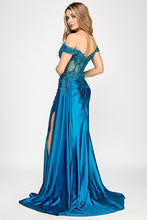 Load image into Gallery viewer, Wholesale Off-Shoulder Satin Corset Evening Gown with Lace Appliqué and High Slit By LAF8360