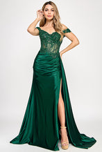 Load image into Gallery viewer, Wholesale Off-Shoulder Satin Corset Evening Gown with Lace Appliqué and High Slit By LAF8360