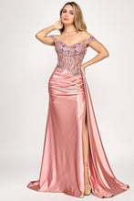 Load image into Gallery viewer, Wholesale Off-Shoulder Satin Corset Evening Gown with Lace Appliqué and High Slit By LAF8360