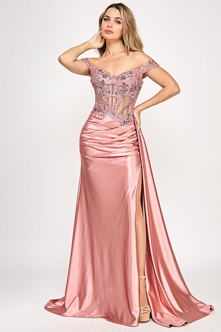 Wholesale Off-Shoulder Satin Corset Evening Gown with Lace Appliqué and High Slit By LAF8360
