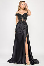 Load image into Gallery viewer, Wholesale Off-Shoulder Satin Corset Evening Gown with Lace Appliqué and High Slit By LAF8360