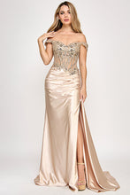 Load image into Gallery viewer, Wholesale Off-Shoulder Satin Corset Evening Gown with Lace Appliqué and High Slit By LAF8360