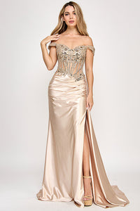 Wholesale Off-Shoulder Satin Corset Evening Gown with Lace Appliqué and High Slit By LAF8360