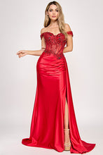 Load image into Gallery viewer, Wholesale Off-Shoulder Satin Corset Evening Gown with Lace Appliqué and High Slit By LAF8360