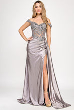 Load image into Gallery viewer, Wholesale Off-Shoulder Satin Corset Evening Gown with Lace Appliqué and High Slit By LAF8360