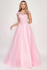 Wholesale Elegant Embroidered Tulle A-Line Evening Gown with Illusion Neckline By LAF8349