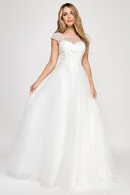 Wholesale Lace Appliqué A-Line Wedding Dress with Illusion Neckline & Cap Sleeves Tulle Bridal Gown By LAF8349