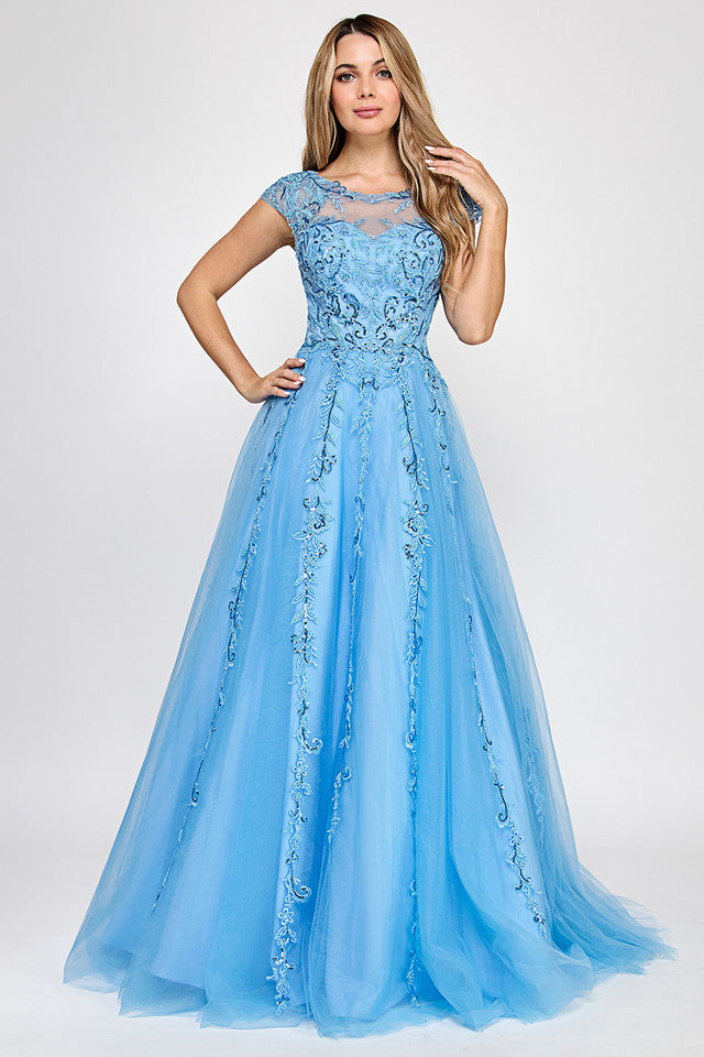 Wholesale Elegant Embroidered Tulle A-Line Evening Gown with Illusion Neckline By LAF8349