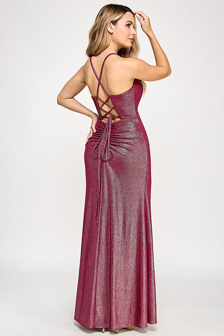 LA Merchandise LAF5328 Glitter Ruched Slit Gown with Spaghetti Straps