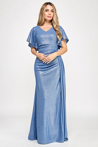 Metallic V-Neck Flutter Sleeve Evening Gown with Ruched Waist and High Slit Wholesale Formal Dress By LAF5329