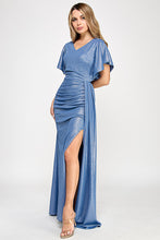 Load image into Gallery viewer, Metallic V-Neck Flutter Sleeve Evening Gown with Ruched Waist and High Slit Wholesale Formal Dress By LAF5329