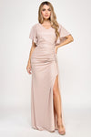 Load image into Gallery viewer, Metallic V-Neck Flutter Sleeve Evening Gown with Ruched Waist and High Slit Wholesale Formal Dress By LAF5329 - BLUSH - Dress LAF